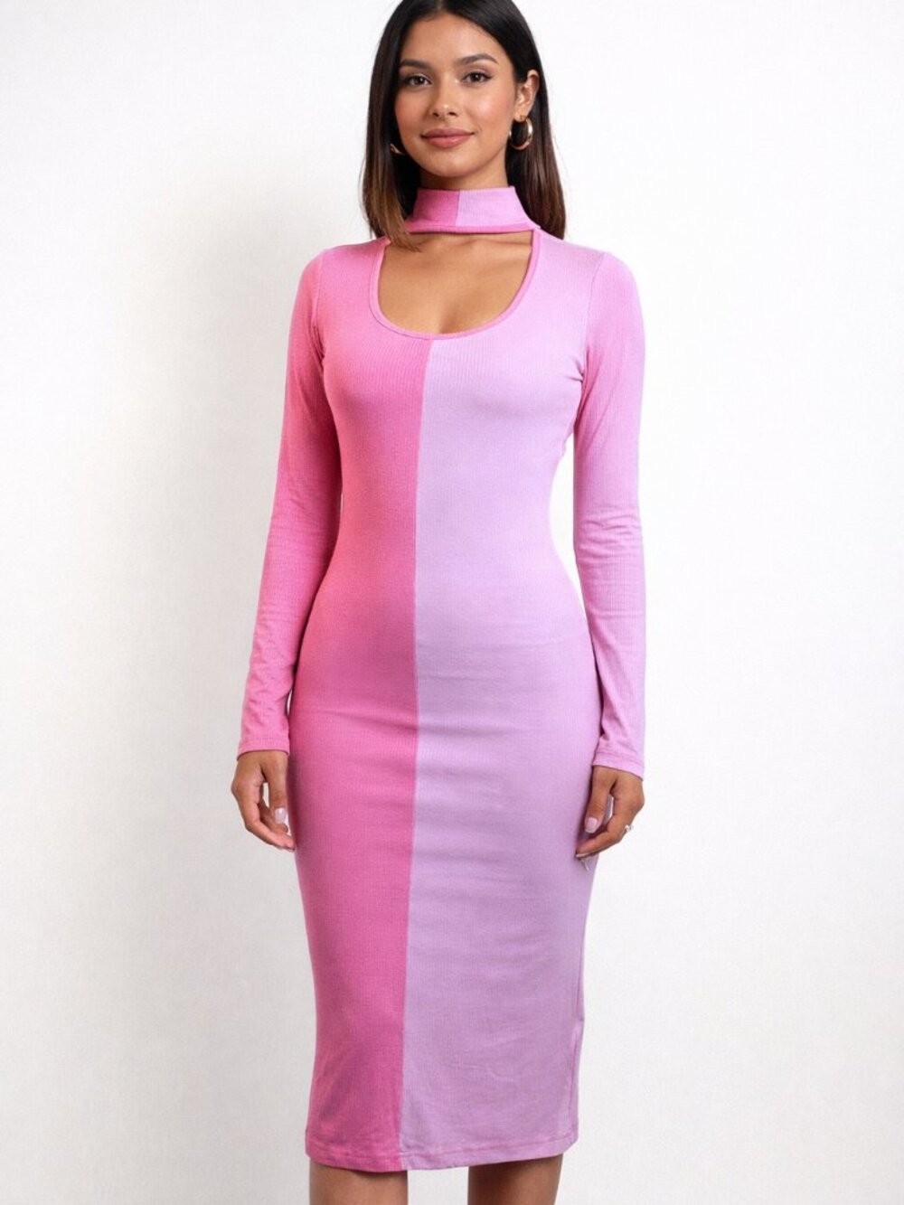 NWT Fate Pink Contrast Colorblock Long Sleeve Midi Choker Dress Size S